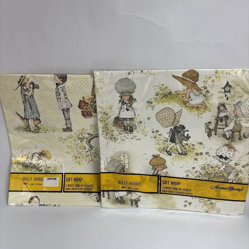 Vtg NOS Holly Hobbie Gift Wrap Wrapping Paper American Greetings Lot of 2 1970s